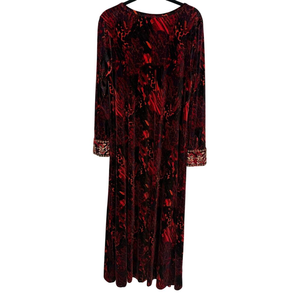 Soft Surroundings Santiago Velvet Maxi Dress Beaded Cuff Red Black Abstract L - Picture 3 of 8